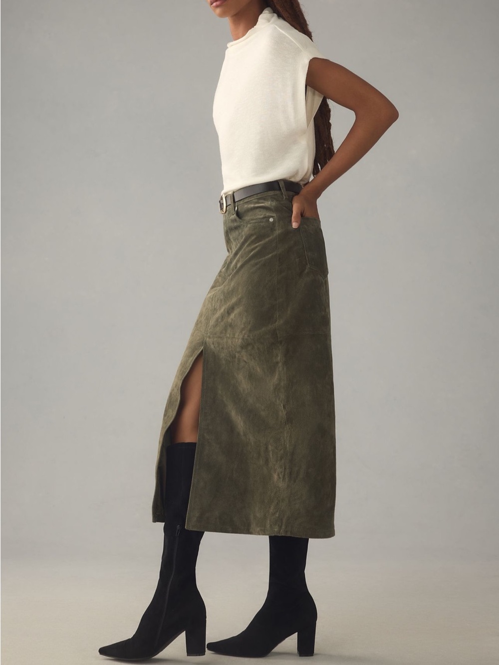 Blank NYC Olive Green Suede Midi Skirt with Front Slit